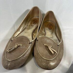 Tod's Dee Gold Tone Shimmery Suede Flat Size 36.5